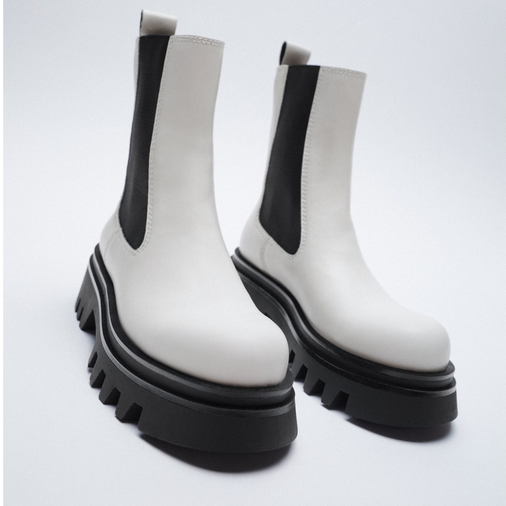 Zara low heeled lug sole leather ankle boots